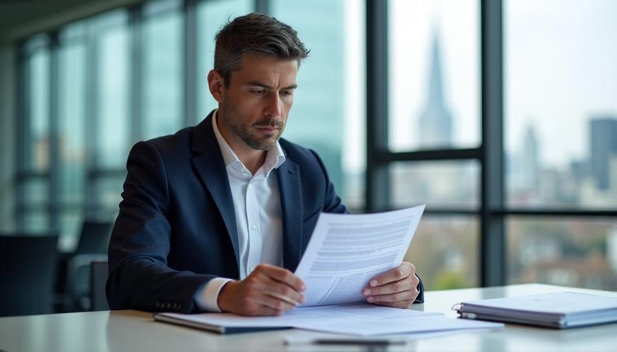 A legal professional concentrating on a complex document in a modern London office