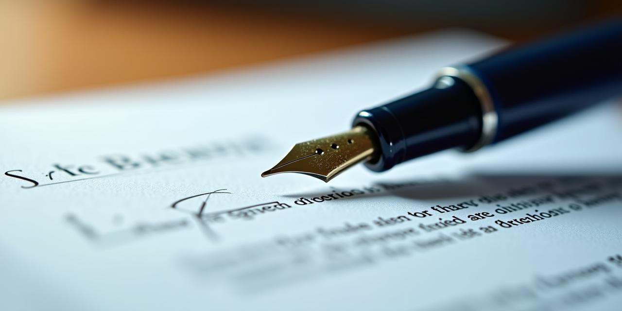 Close up of a person signing a complex legal contract with a fountain pen